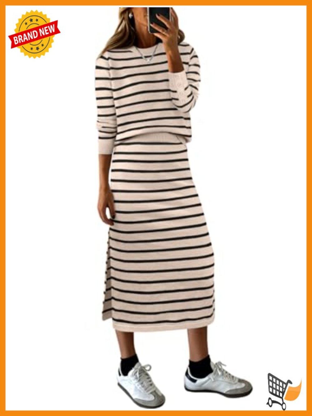 2 Piece Striped Sweater Skirt Set Long Sleeve Crew Neck Midi Split Hem